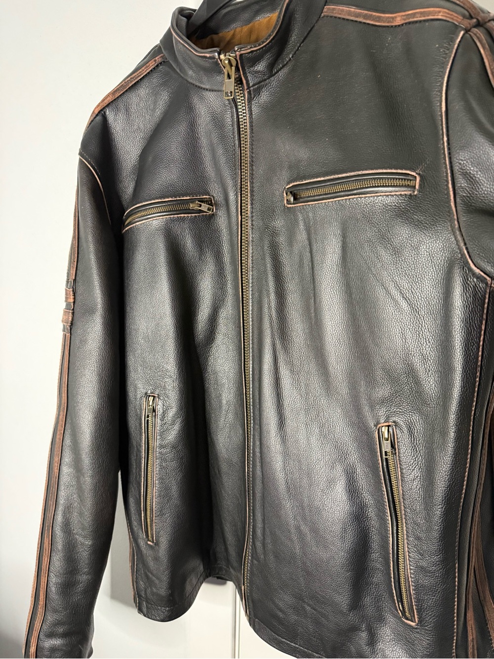 Andrew Marc Black Leather Bomber Jacket with Brown Trim